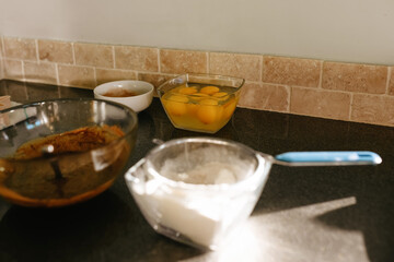baking ingredients for baking on a wooden table