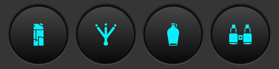 Set Lighter, Bird footprint, Canteen water bottle and Binoculars icon. Vector.