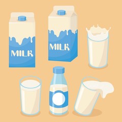 Illustration of milk on a glass, bottle and packaging box with spilled milk 