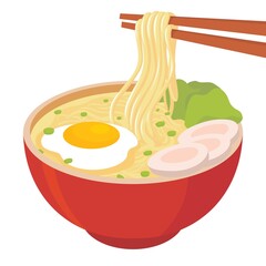 Illustration of noodle soup with egg, meat, and mustard greens with noodles grabbed with chopsticks in a red bowl