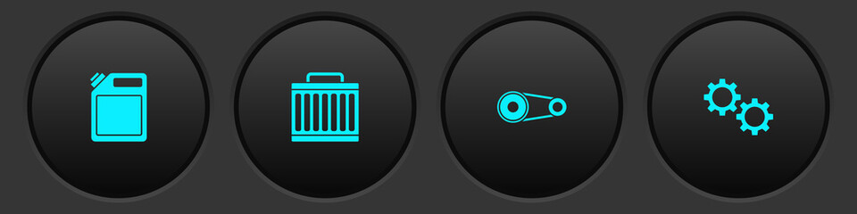 Set Canister for gasoline, Car radiator cooling system, Timing belt kit and Gear icon. Vector.