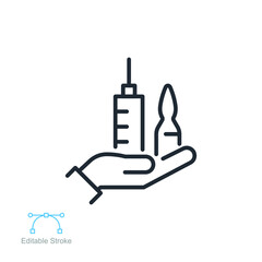 Get vaccine, syringe, press, hand line icon. health Medical ampules and shot injection for immunization and vaccination. Medicine. Editable stroke vector illustration design on white background EPS 10