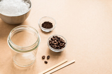 DIY concept. Wax, wooden wick, coffee - an ingredient for making handmade candles with copy space.