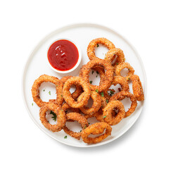 Delicious golden battered, breaded and deep fried crispy onion rings with ketchup isolated on white...