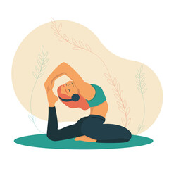 Woman meditating in the Lotus position and saying Om. Girl with the headphones practising the guided meditation. Modern flat illustration on yoga topic. Vector illustration in flat style. Young woman