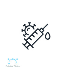 Vaccine coronavirus treatment droplet vaccination line icon. Syringe healing earth,  Covid-19, against Pandemic from earth. Editable stroke vector illustration design on white background EPS 10
