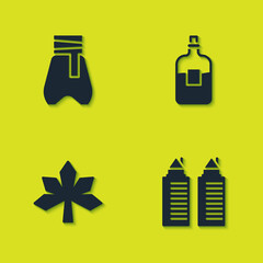 Set Cossack pants, Two towers in Dnipro, Chestnut leaf and Bottle of vodka icon. Vector.