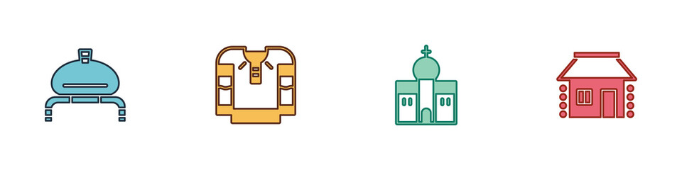 Set Bread and salt, Embroidered shirt, Church building and Ukrainian house icon. Vector.