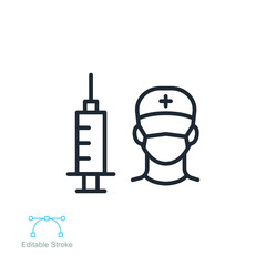 Vaccine, inject, doctor line icon. antiviral vaccine, immunization shot for coronavirus vaccination. nurse Medical Syringe symbol. Editable stroke vector illustration design on white background EPS 10