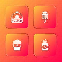 Set Brick stove, Ice cream, Coffee cup go and Jar sugar icon. Vector.