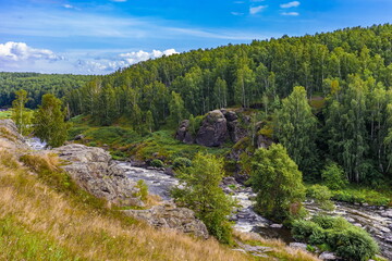 Fast river with rocky banks, overgrown with trees in summer