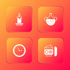 Set Aroma candle, Essential oil bottle, Sauna clock and Cream or lotion cosmetic tube icon. Vector.