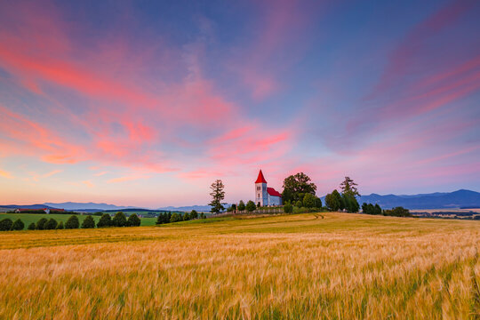 Rural landscape with wheat field and a church in Turiec region. centra