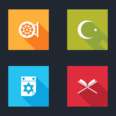Set Dharma wheel, Star and crescent, Jewish calendar and Holy book of Koran icon. Vector.