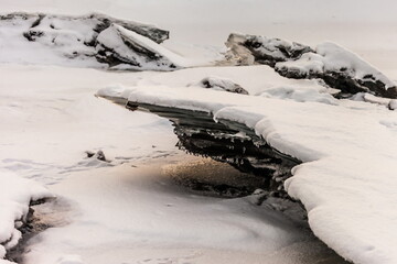 Icicles and frost on a snow-covered frozen river