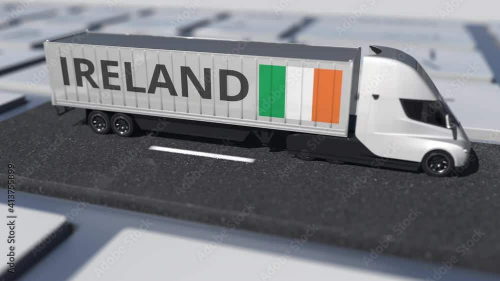 Poster truck with flag of ireland moves on the keyboard key. export or import related looping 3d animation