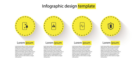 Set Waterproof phone, Mobile with exclamation mark, Phone repair service and shield. Business infographic template. Vector.