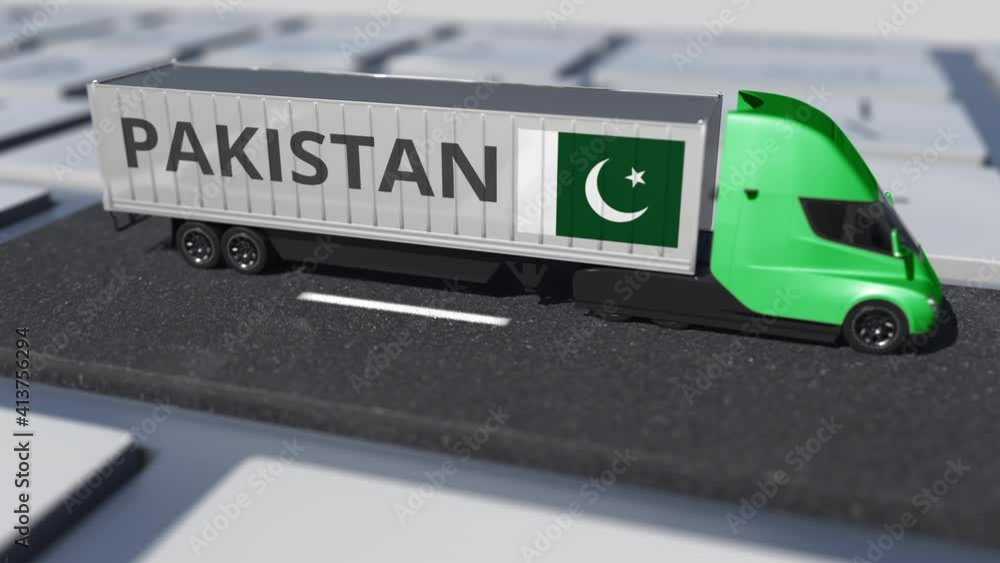 Aufkleber truck with flag of pakistan moves on the keyboard key. export or import related looping 3d animation