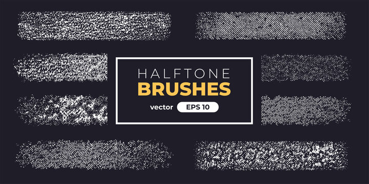 Halftone grain brushes. Grunge noise texture set. Vector illustration eps10. Creative artistic brush collection.
