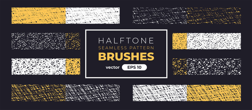 Halftone grain pattern brushes. Grunge noise texture set. Vector illustration eps10. Creative artistic brush collection. Basic kit. Ink paint strokes.