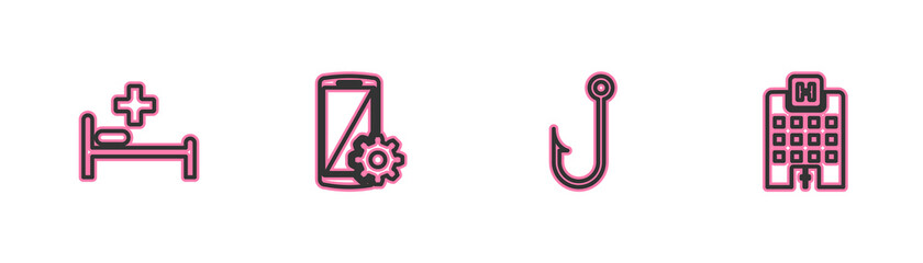 Set line Hospital bed, Fishing hook, Setting on smartphone and Medical hospital building icon. Vector.