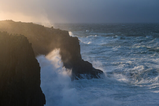 Wind fed waves from Hurricane Gonzalo break on coastal cliffs at Butt of Lewis, Isle of Lewis, Scotland