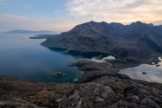 View over Loch Coruisk and black Cuillin mountains from summit of Sgurr Na Stri, Isle of Skye, Scotland
