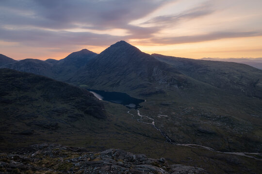 View over Bla Bheinn - Blaven and black Cuillin mountains from summit of Sgurr Na Stri, Isle of Skye, Scotland