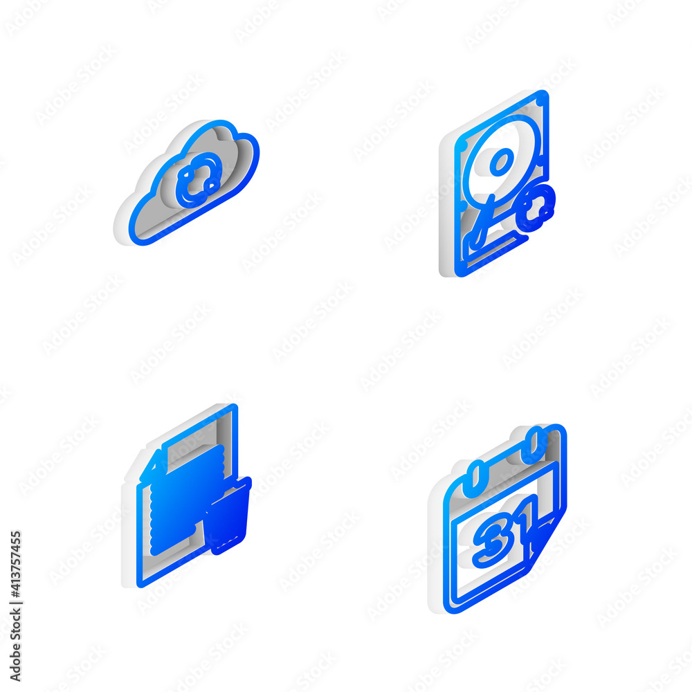 Poster set isometric line hard disk drive hdd sync refresh, cloud, delete file document and calendar icon. 