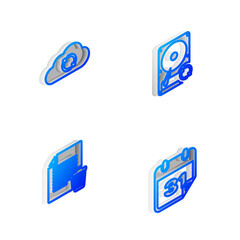 Set Isometric line Hard disk drive HDD sync refresh, Cloud, Delete file document and Calendar icon. Vector.