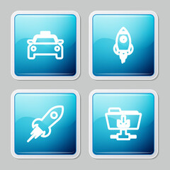 Set line Taxi car, Rocket ship with fire, and FTP folder download icon. Vector.