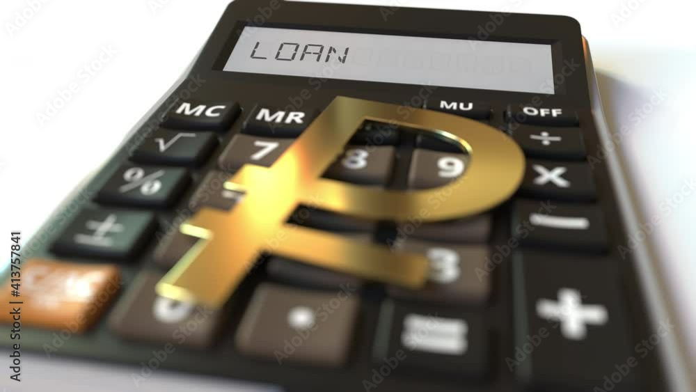 Poster ruble currency symbol on the keys and loan text on calculator display. conceptual 3d animation