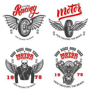 Set of the racer emblems. Winged motorcycle wheel, engine, biker skeleton. Design element for logo, label, sign, emblem, poster, t shirt. Vector illustration