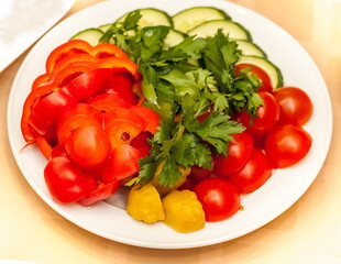 Sliced vegetables: tomatoes, cucumbers and red bell peppers, decorated with a sprig of parsley on a white ceramic plate close-up