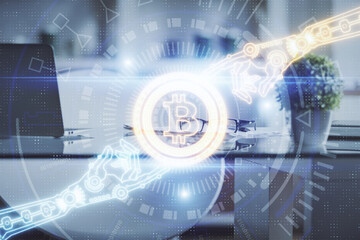 Double exposure of crypto technology theme drawing and office interior background. Concept of blockchain.