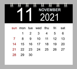 Template of calendar for November 2021. Week starts Sunday. Isolated vector illustration.