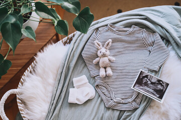 Baby changing basket with ultrasound image, baby bodysuit, knitted rabbit toy. Still life of child...
