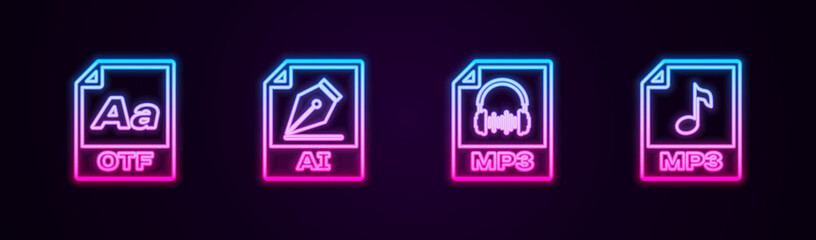 Set line OTF file document, AI, MP3 and . Glowing neon icon. Vector.