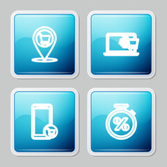 Set line Location shopping cart, Shopping laptop, Mobile and and Stopwatch percent icon. Vector.