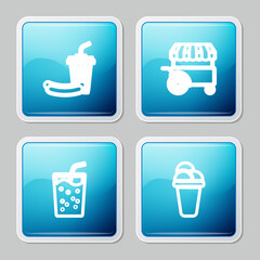 Set line Soda and hotdog, Fast street food cart, Glass with water and Ice cream icon. Vector.