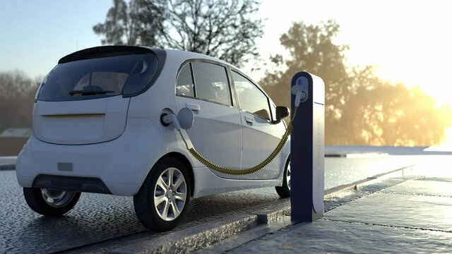 Elektro Auto wird an Lades&auml;ule am B&uuml;rgersteig geladen