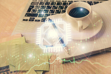 Multi exposure of technology theme drawing and desktop with coffee and items on table background. Concept of data research.