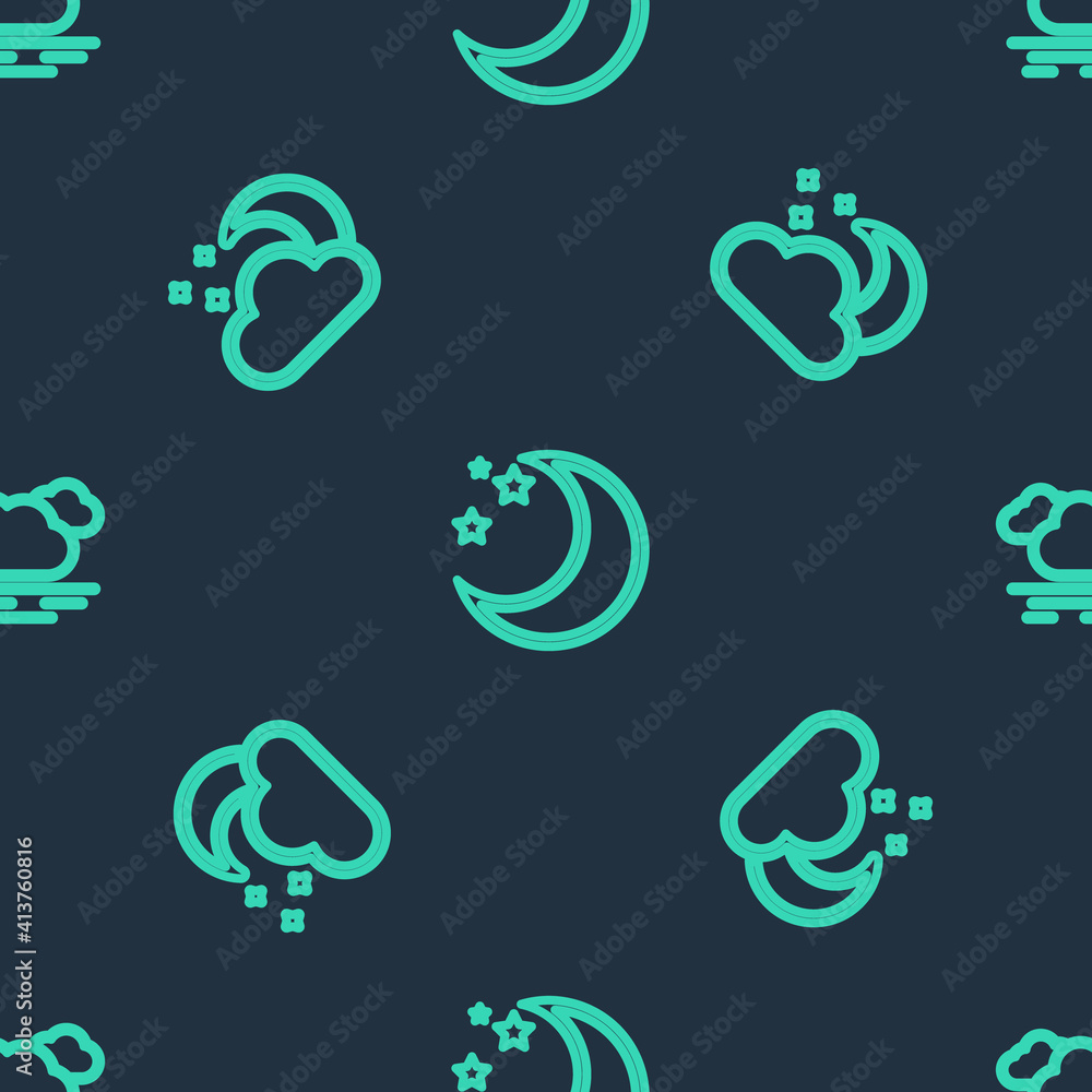 Poster set line moon and stars, cloud with moon and on seamless pattern. vector.