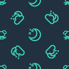 Set line Moon and stars, Cloud with moon and on seamless pattern. Vector.