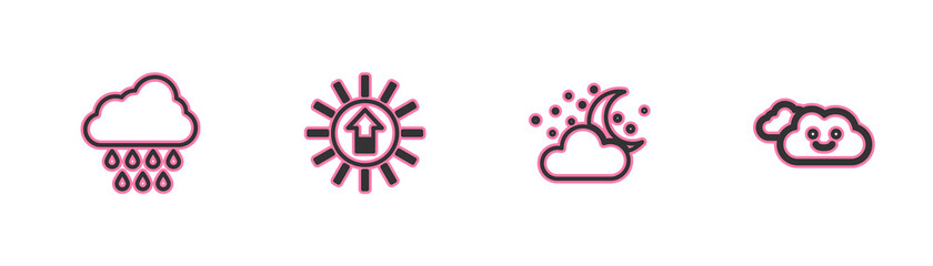 Set line Cloud with rain, moon and stars, Sunset and icon. Vector.
