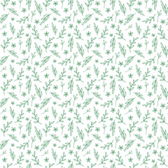 Vector green doodle leaves seamless pattern. Outline floral print on white background. Botanical line art ornament for wallpaper, wrapping paper, textile, fabric, design and decoration.