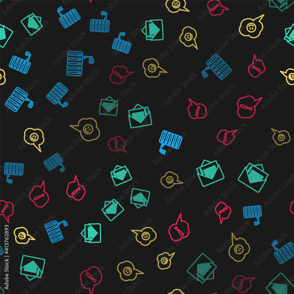 Poster set line server, envelope, speech bubble with smile face and exclamation on seamless pattern. vector