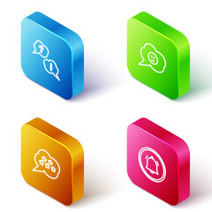 Set Isometric line Question and Exclamation, Speech bubble with angry smile, Five stars rating review and Button chat notification icon. Vector.