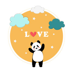 Cute Chinese panda and red heart on the background of the sun, stars and clouds. Holiday card for Valentine's Day. For printing on cups, textiles, clothing, decorative pillow. 