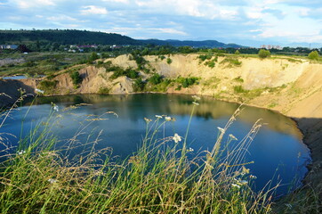 lake landscape in summer. beautiful scenery of view and amazing attarction of Solotvyno Lakes, Zakarpattia (Transcarpathian)